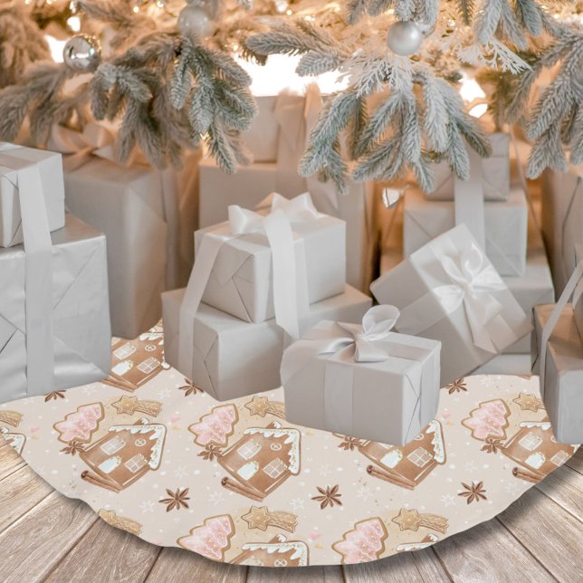 Christmas Gingerbread House Pink Cookies Brown  Brushed Polyester Tree Skirt (Creator Uploaded)