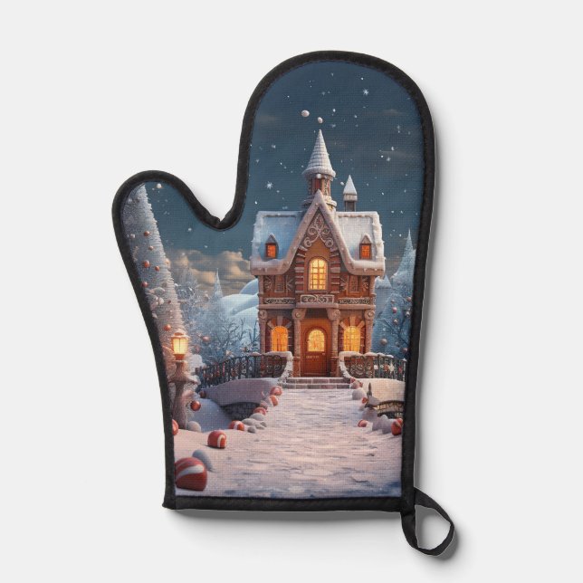 Christmas Gingerbread House Starry Night Oven Mitt (Front)