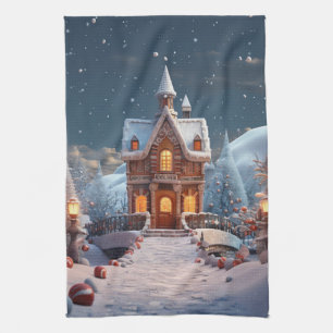 Christmas Gingerbread House Starry Night Tea Towel
