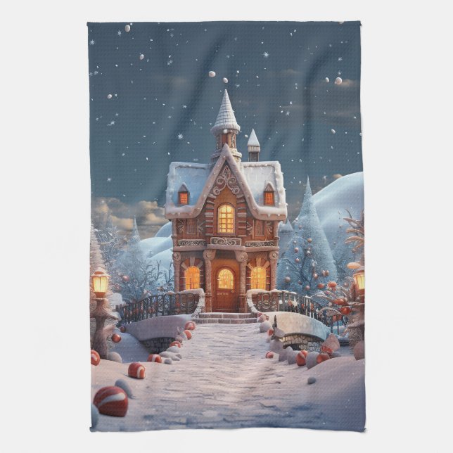 Christmas Gingerbread House Starry Night Tea Towel (Vertical)