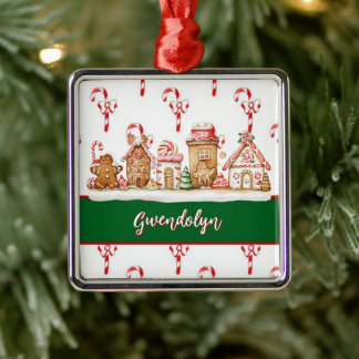 Christmas Gingerbread House Village Add Your Name Metal Tree Decoration