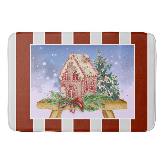 Christmas Gingerbread House Watercolor Bath Mat (Front)