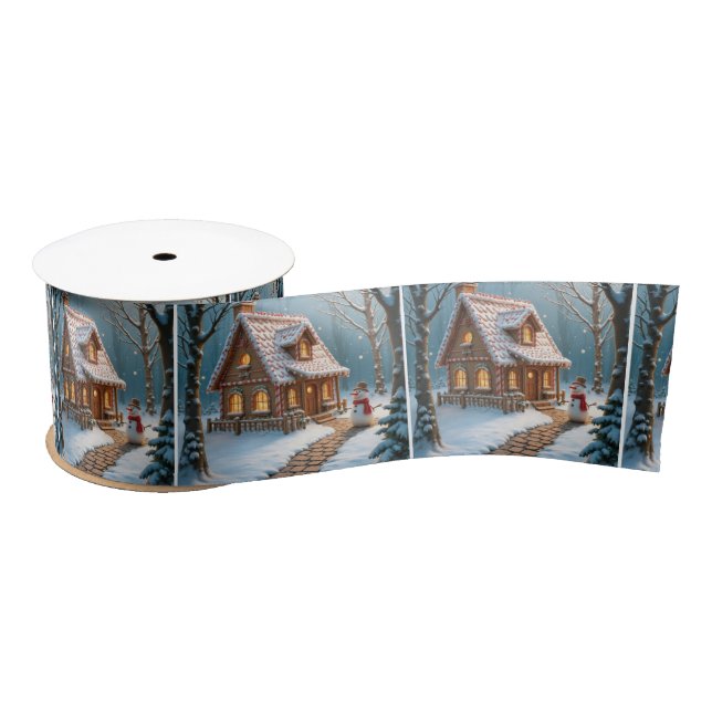 Christmas Gingerbread House With a Snowman  Satin Ribbon (Spool)