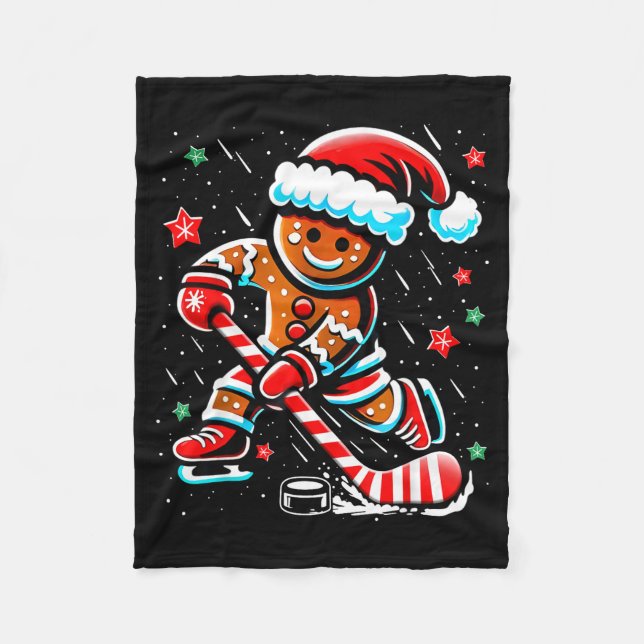 Christmas Gingerbread Ice Hockey Srts Funny Xmas P Fleece Blanket (Front)