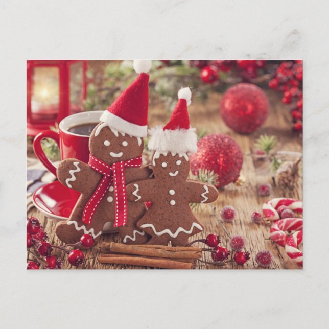 Christmas Gingerbread Man And Hot Drink Holiday Postcard (Front)