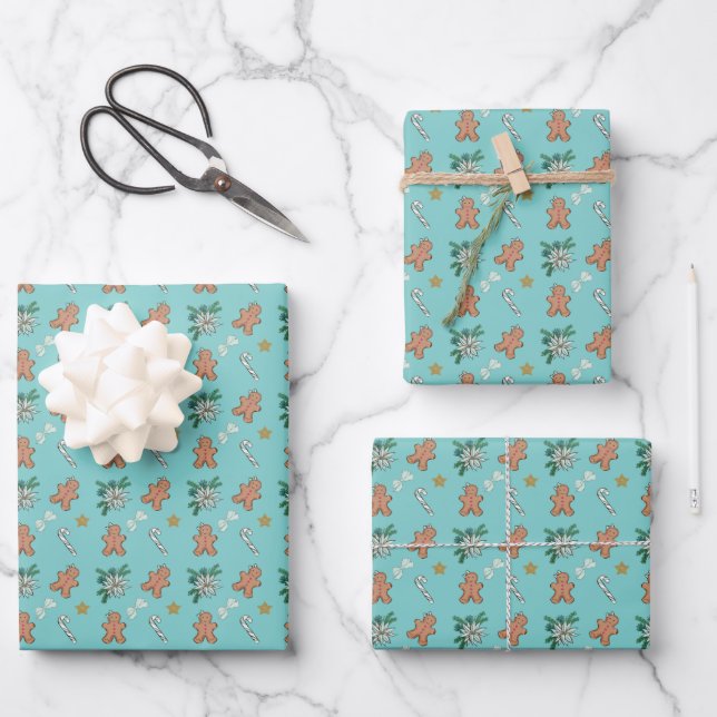Christmas Gingerbread man, Bows and Candy canes Wrapping Paper Sheet (Front)