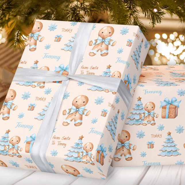 Christmas Gingerbread Man Boy Blue Beige Name Text Wrapping Paper (Christmas Gingerbread Man Boy Blue Beige Name Text Wrapping Paper)