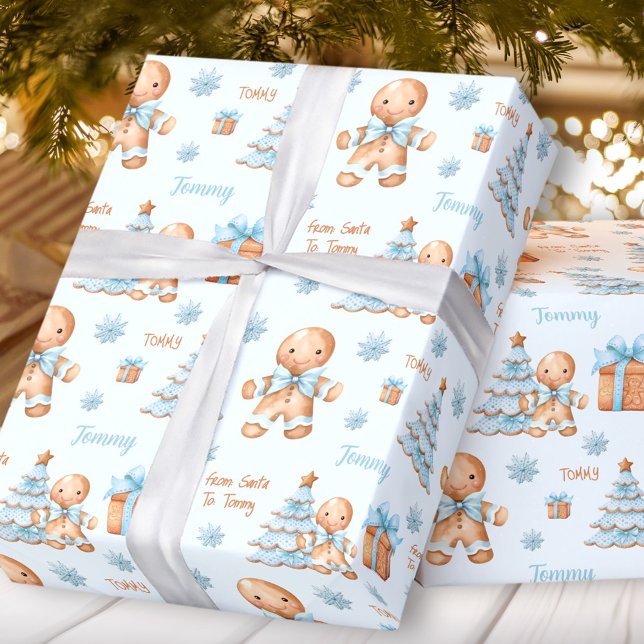 Christmas Gingerbread Man Boy Blue Name Text Wrapping Paper (Christmas Gingerbread Man Boy Blue Name Text Wrapping Paper)