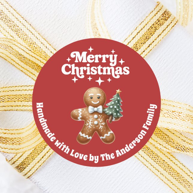 Christmas gingerbread man handmade red white classic round sticker (Creator Uploaded)