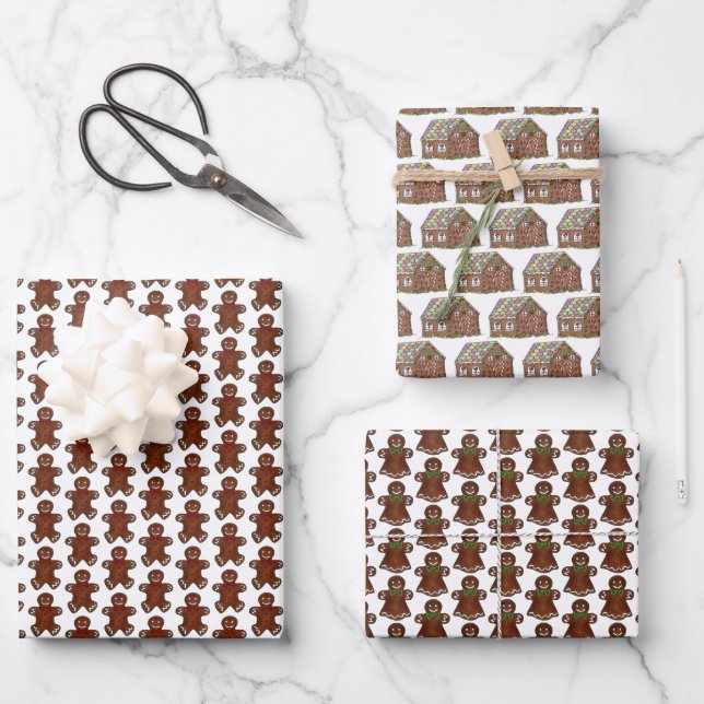 Christmas Gingerbread Man Lady Cookies House Wrapping Paper Sheet (Front)