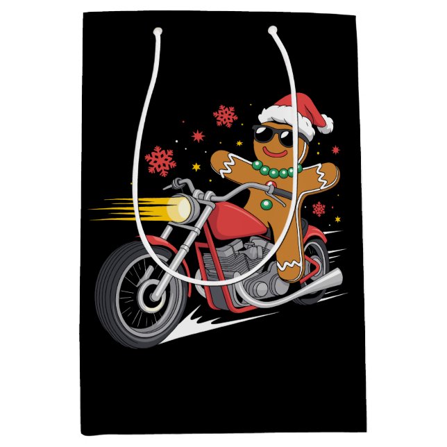 Christmas Gingerbread Man Motorcycle Biker Santa Medium Gift Bag (Front)