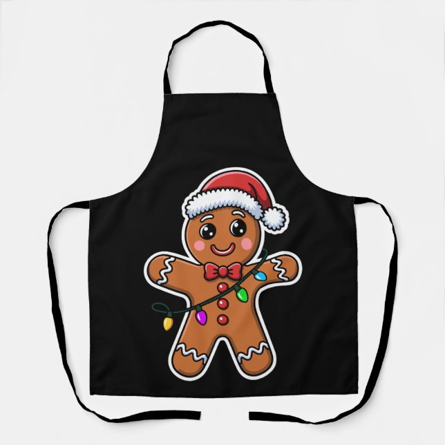 Christmas Gingerbread Man Santa Hat Lights Xmas Apron (Front)