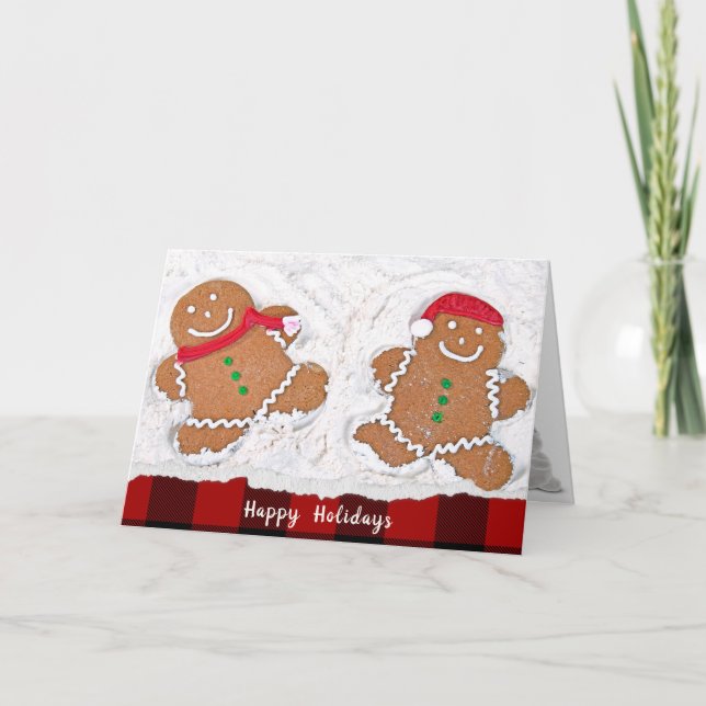 Christmas Gingerbread Man snow angels with plaid Holiday Card (Front)