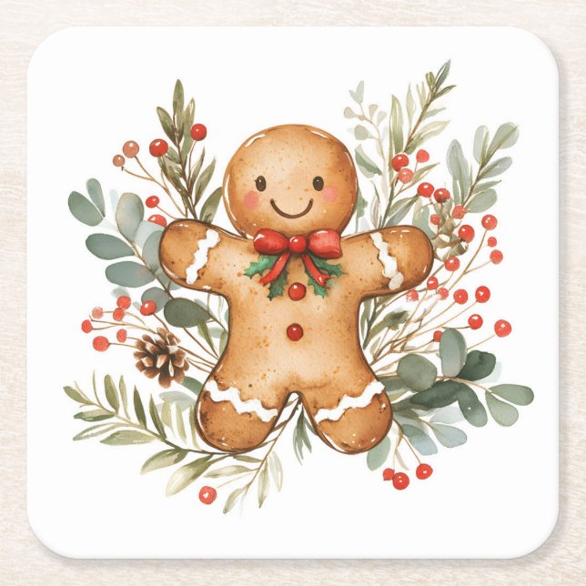 Christmas Gingerbread Man Square Paper Coaster (Front)
