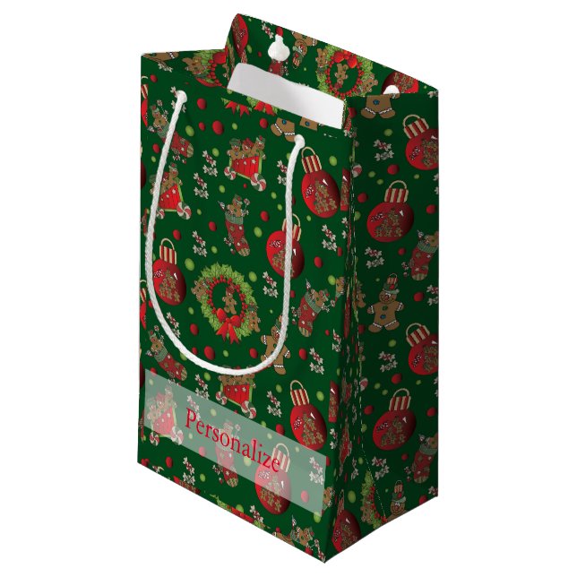 Christmas Gingerbread Men on Dark Green Background Small Gift Bag (Front Angled)