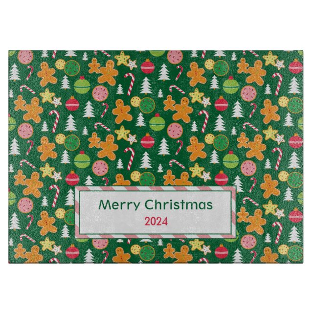 Christmas Gingerbread Pattern with Greeting & Year Cutting Board (Front)