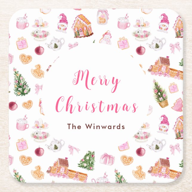 Christmas Gingerbread Pink Merry Christmas Square Paper Coaster (Front)