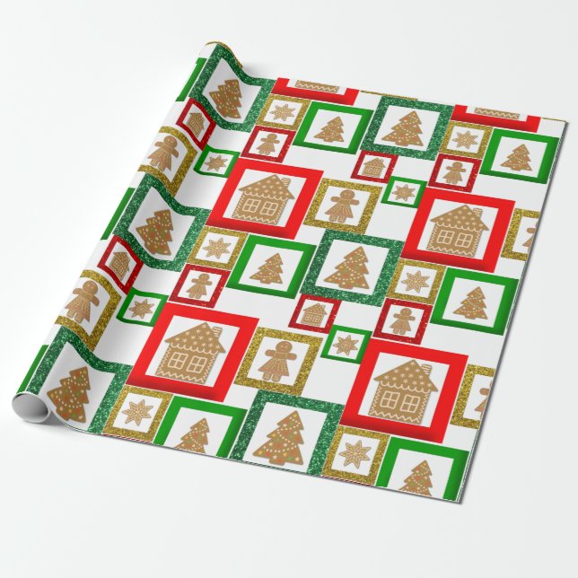 Christmas Gingerbread Squares Wrapping Paper (Unrolled)