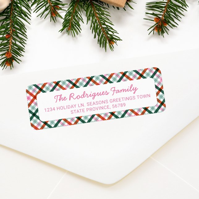 Christmas Gingham Pink Red Green Return Address  (Christmas gingham pattern, pink red and green address label)