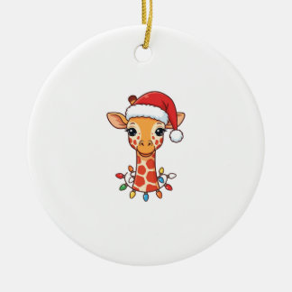 Christmas Giraffe Santa Hat and Colourful Lights Ceramic Tree Decoration