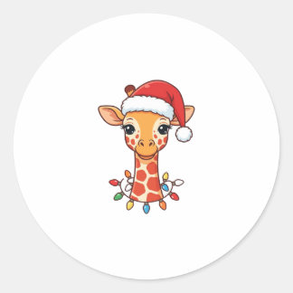 Christmas Giraffe Santa Hat and Colourful Lights Classic Round Sticker