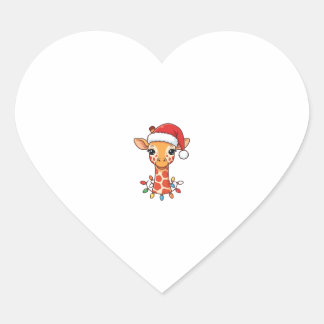 Christmas Giraffe Santa Hat and Colourful Lights Heart Sticker