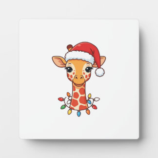 Christmas Giraffe Santa Hat and Colourful Lights Plaque