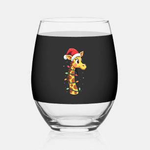 Christmas Giraffe Santa Hat Lights Giraffe Men Wom Stemless Wine Glass