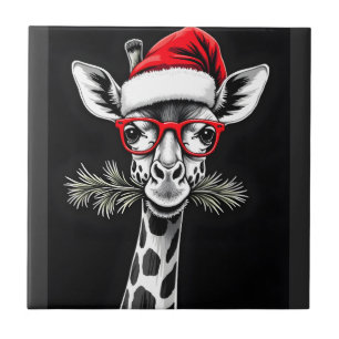 Christmas Giraffe Santa Hat Pajama Gift Family Mat Tile
