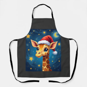 Christmas Giraffe Santa Hat Starry Night Holiday L Apron