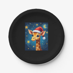 Christmas Giraffe Santa Hat Starry Night Holiday L Paper Plate