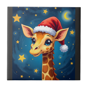 Christmas Giraffe Santa Hat Starry Night Holiday L Tile