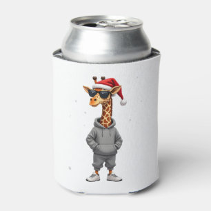 Christmas Giraffe Santa Long Sleeve T-Shirt (1) Can Cooler
