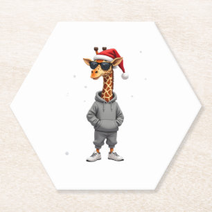 Christmas Giraffe Santa Long Sleeve T-Shirt (1) Paper Coaster