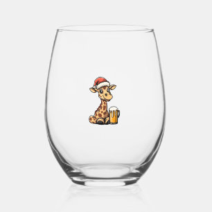 Christmas Giraffe With Beer _ Xmas Funny Party   Stemless Wine Glass