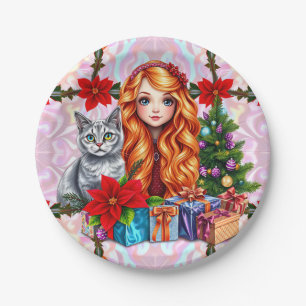 CHRISTMAS GIRL AND CAT ~ Pretty Paper Plate