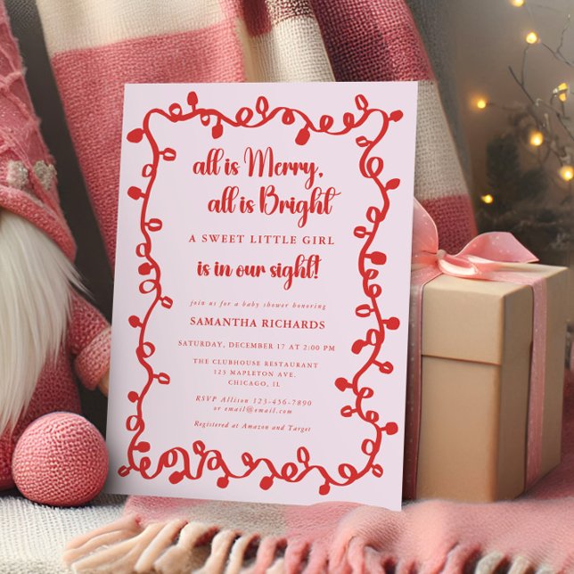 Christmas Girl blush pink red lights baby shower Invitation (Creator Uploaded)