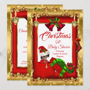 Christmas Girl Boy Baby Shower Red Gold Gift Box A Invitation