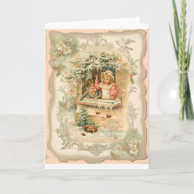 Christmas Girl Boy Birds Victorian Style Holiday Card (Front)