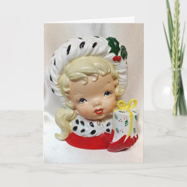 Christmas Girl Child Head Vase Present Holly Cute Card (Front)