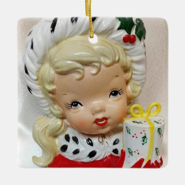 Christmas Girl Child Head Vase Present Holly Cute  Ceramic Ornament (Front)