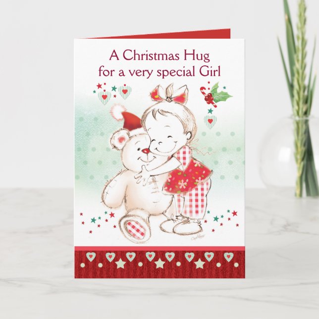 Christmas, Girl, Cute Baby Girl & Teddy Card (Front)