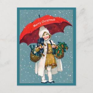 Christmas Girl, Dachshund Puppy, Red Umbrella Postcard