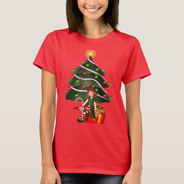 Christmas Girl Elf Tree Present Cute T-Shirt (Front)