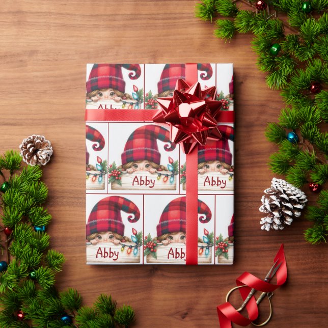 Christmas Girl Gnome With Custom Name Wrapping Paper (Holiday Gift)