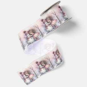 Christmas Girl Hugging a Snowman Satin Ribbon