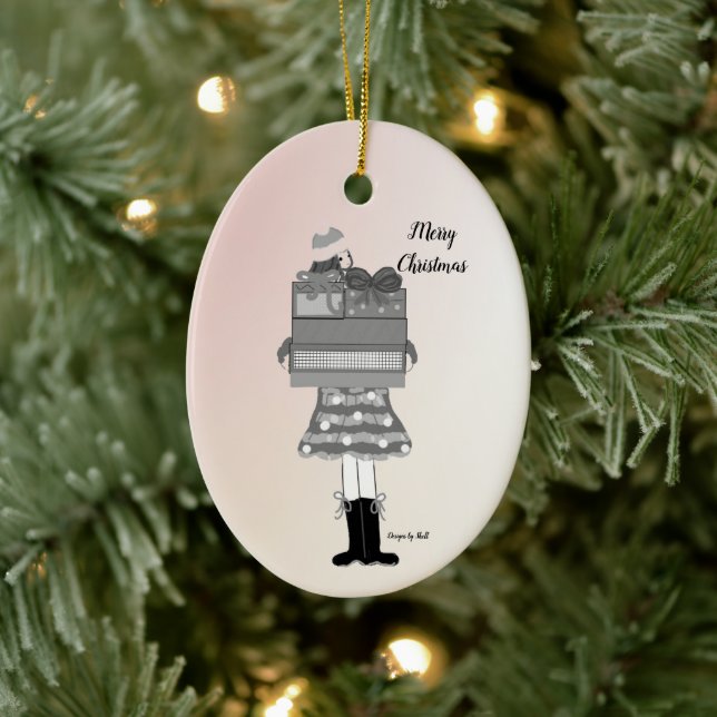 Christmas Girl in Black and White Ceramic Tree Decoration (Tree)
