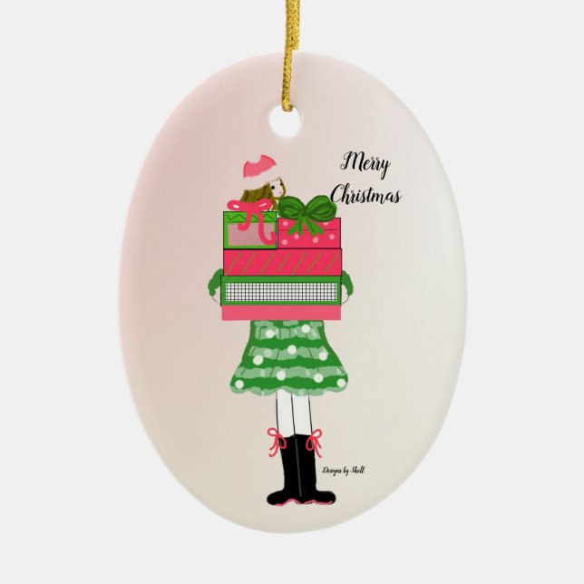 Christmas Girl Laden With Packages Ceramic Tree Decoration (Front)