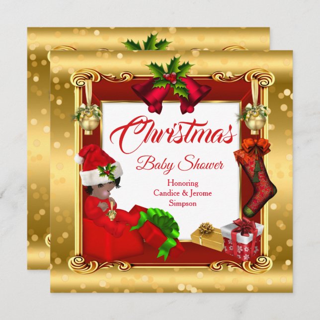 Christmas Girl or Boy Baby Shower Red Gold Box AA Invitation (Front/Back)