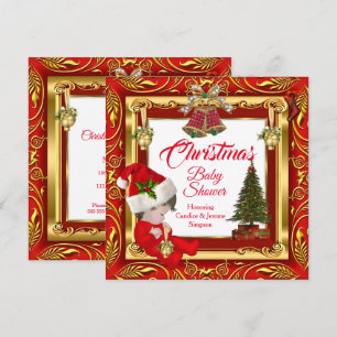Christmas Girl or Boy Baby Shower Red Gold  Invitation
